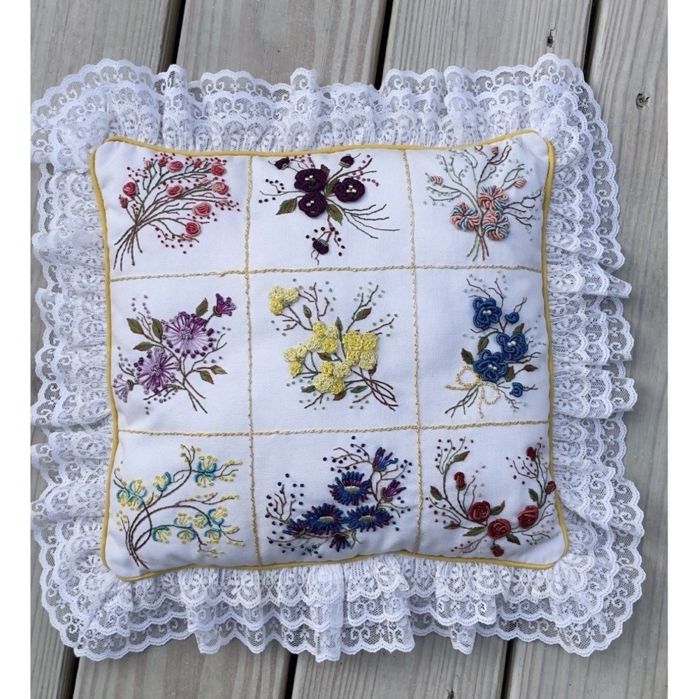 Vintage HandmadeNeedlepoint Embroidery Floral & Lace Throw Pillow Cottagecore